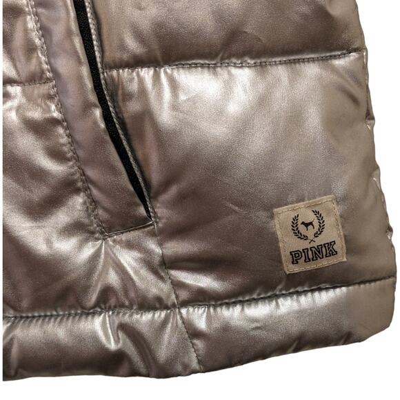 PINK Victoria's Secret Zip Up Puffer Vest Love Pink Silver Metallic Women's M - Picture 10 of 11
